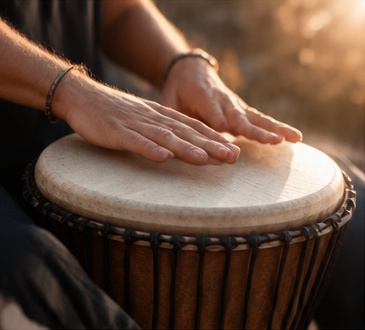 Hände spielen auf einer Djembe